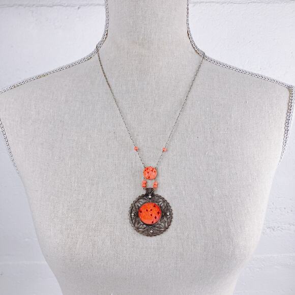 VTG Art Deco Peking Glass Style Red Glass 1920s-1930s Filigree Necklace Pendant - Picture 2 of 16